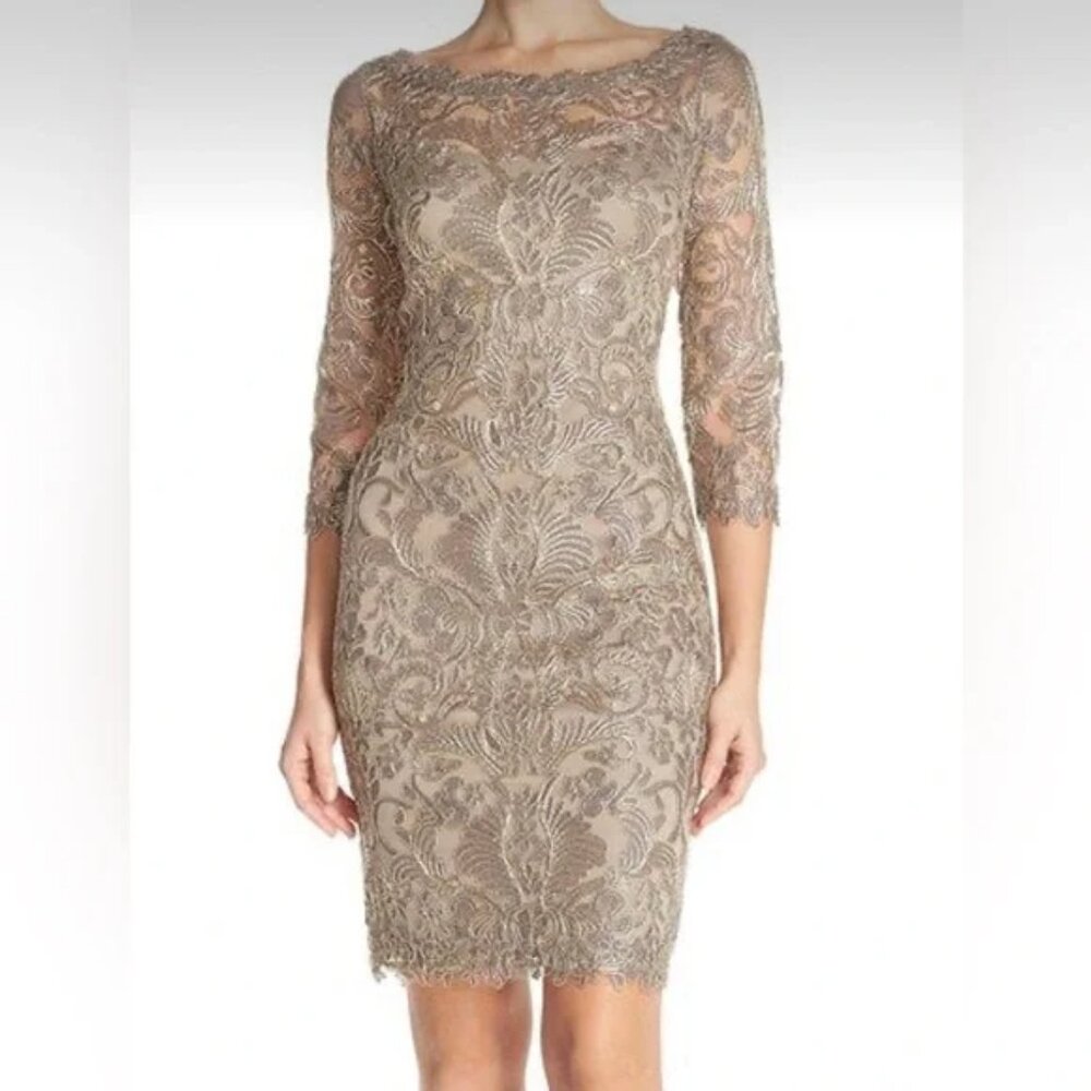 Tadashi‎ Shoji Corded Embroidery Dress Sheath Smoke Pearl Dress Women's Sz 12 B8